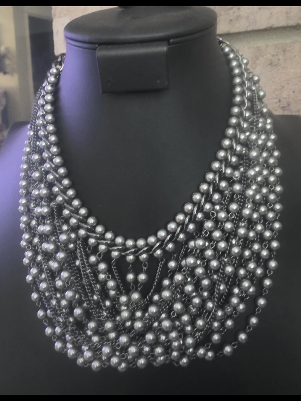 Silver Multi-Strand Beaded Statement Bib Necklace